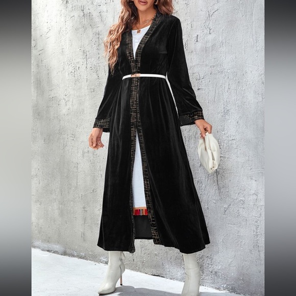SHEIN Najma Geo Trim Open Front Black Velvet Abaya Maxi Cardigan Without Belt - Picture 1 of 6